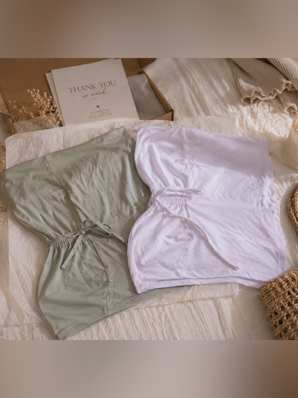 Set of 2 Strapless Tube Tops | Sage Green & White | Size Large | Summer